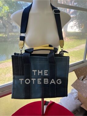 Canvas Shoulder Tote in Blue and Black